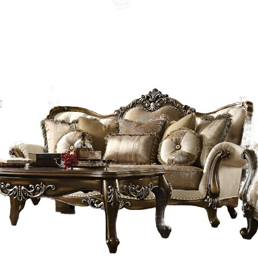 ACME Latisha Tan Pattern Fabric & Antique Oak Sofa with 8 Pillows(Same LV01576) Model 52115