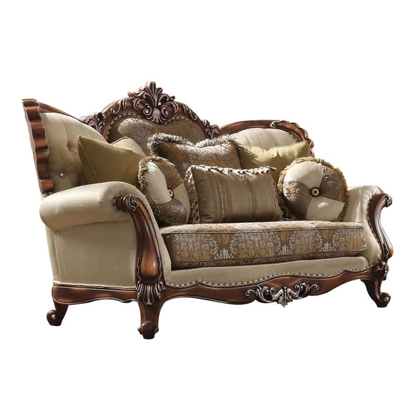 ACME Latisha Tan Pattern Fabric & Antique Oak Loveseat with 6 Pillows(Same LV01577) Model 52116