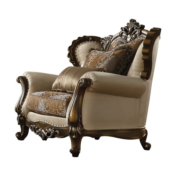 ACME Latisha Tan Pattern Fabric & Antique Oak Chair with 2 Pillows(Same LV01578) Model 52117