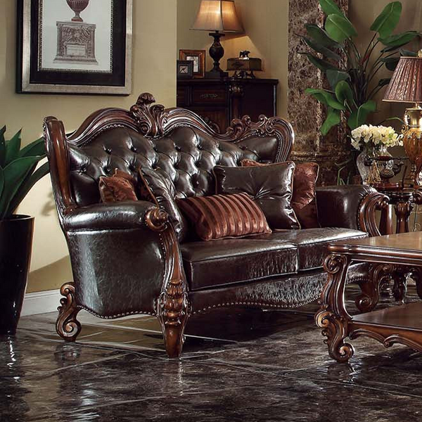 ACME Versailles Two Tone Dark Brown Synthetic Leather & Cherry Oak Loveseat with 5 Pillows Model 52121