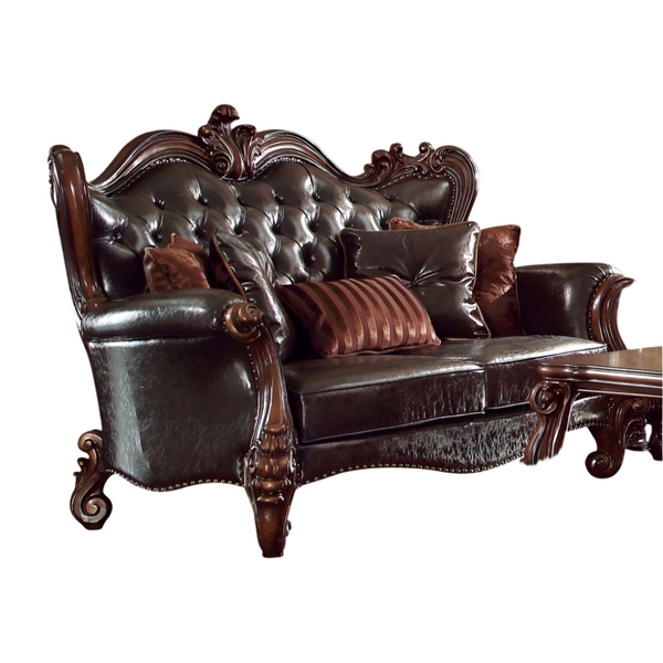 ACME Versailles Two Tone Dark Brown Synthetic Leather & Cherry Oak Loveseat with 5 Pillows Model 52121