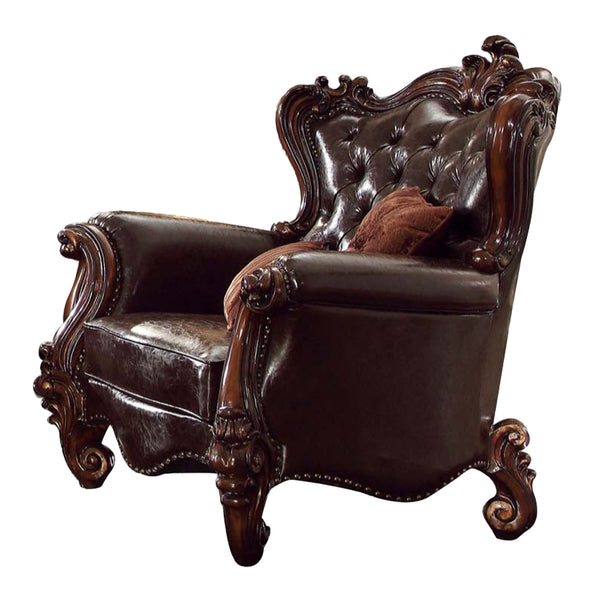 ACME Versailles Two Tone Dark Brown Synthetic Leather & Cherry Oak Chair with 2 Pillows Model 52122