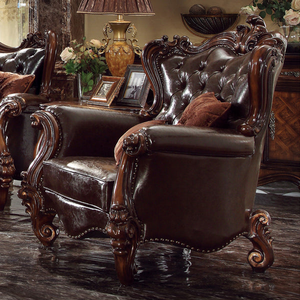 ACME Versailles Two Tone Dark Brown Synthetic Leather & Cherry Oak Chair with 2 Pillows Model 52122