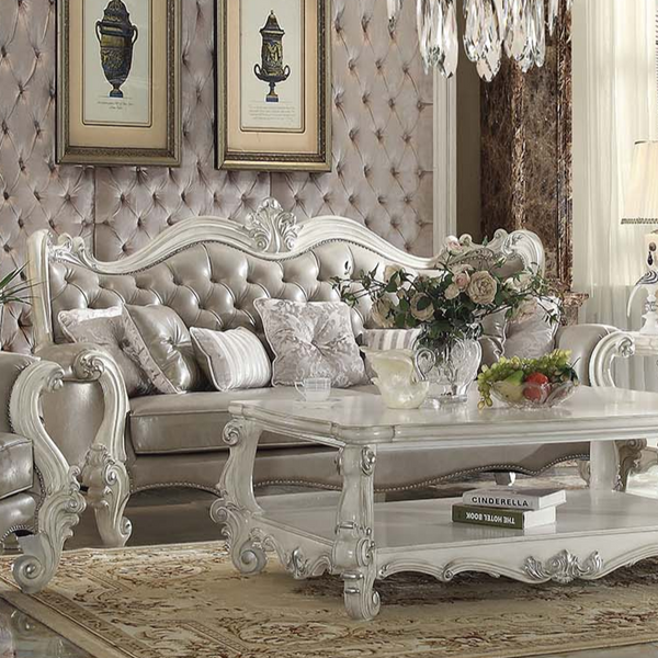 ACME Versailles Vintage Gray Synthetic Leather & Bone White Sofa with 7 Pillows Model 52125