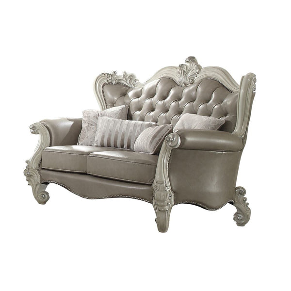 ACME Versailles Vintage Gray Synthetic Leather & Bone White Loveseat with 4 Pillows Model 52126
