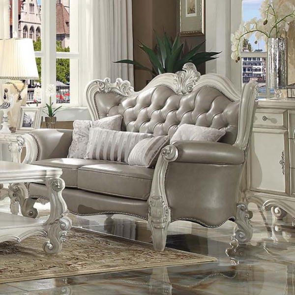 ACME Versailles Vintage Gray Synthetic Leather & Bone White Loveseat with 4 Pillows Model 52126