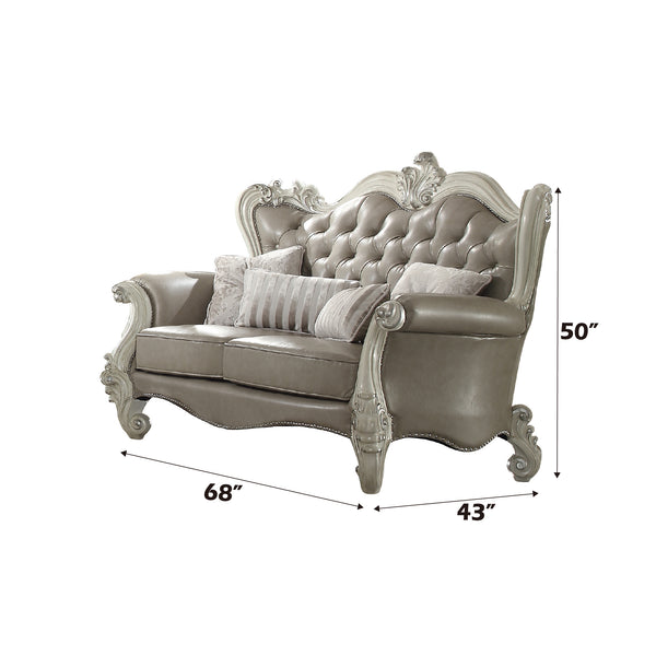 ACME Versailles Vintage Gray Synthetic Leather & Bone White Loveseat with 4 Pillows Model 52126