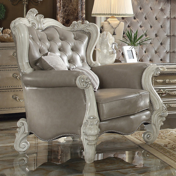 ACME Versailles Vintage Gray Synthetic Leather & Bone White Chair with 2 Pillows Model 52127