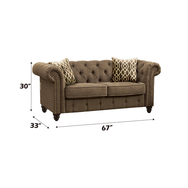 ACME Aurelia Brown Linen Loveseat with 2 Pillows Model 52426