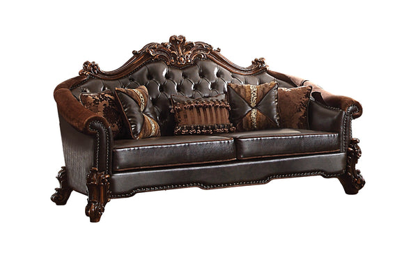ACME Vendome II Two Tone Dark Brown Synthetic Leather & Cherry Sofa with 5 Pillows Model 53130