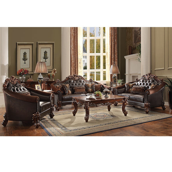 ACME Vendome II Two Tone Dark Brown Synthetic Leather & Cherry Sofa with 5 Pillows Model 53130