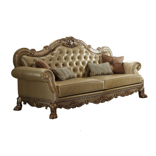 ACME Dresden Bone Synthetic Leather & Gold Patina Sofa with 4 Pillows Model 53160
