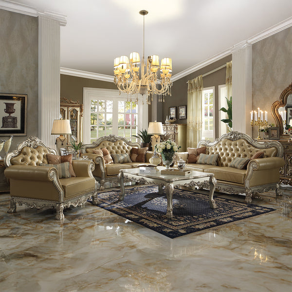 ACME Dresden Bone Synthetic Leather & Gold Patina Sofa with 4 Pillows Model 53160