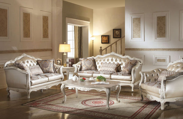 ACME Chantelle Rose Gold Synthetic Leather/Fabric & Pearl White Loveseat with 3 Pillows Model 53541