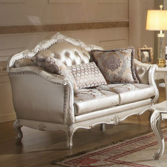 ACME Chantelle Rose Gold Synthetic Leather/Fabric & Pearl White Loveseat with 3 Pillows Model 53541