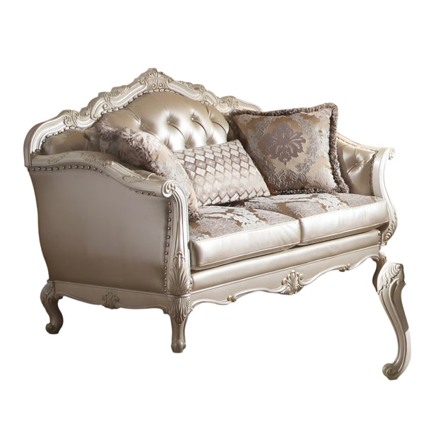 ACME Chantelle Rose Gold Synthetic Leather/Fabric & Pearl White Loveseat with 3 Pillows Model 53541