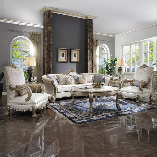 ACME Dresden II Pearl Synthetic Leather/Fabric & Gold Patina Chair with Pillow Model 54877