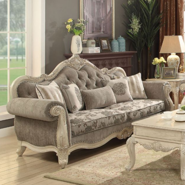ACME Ragenardus Gray Fabric & Antique White Sofa with 5 Pillows Model 56020