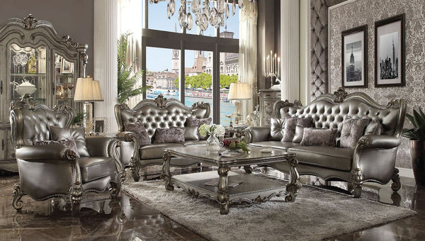 ACME Versailles Silver Synthetic Leather & Antique Platinum Sofa with 6 Pillows Model 56820