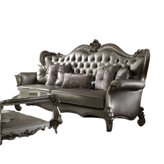ACME Versailles Silver Synthetic Leather & Antique Platinum Sofa with 6 Pillows Model 56820