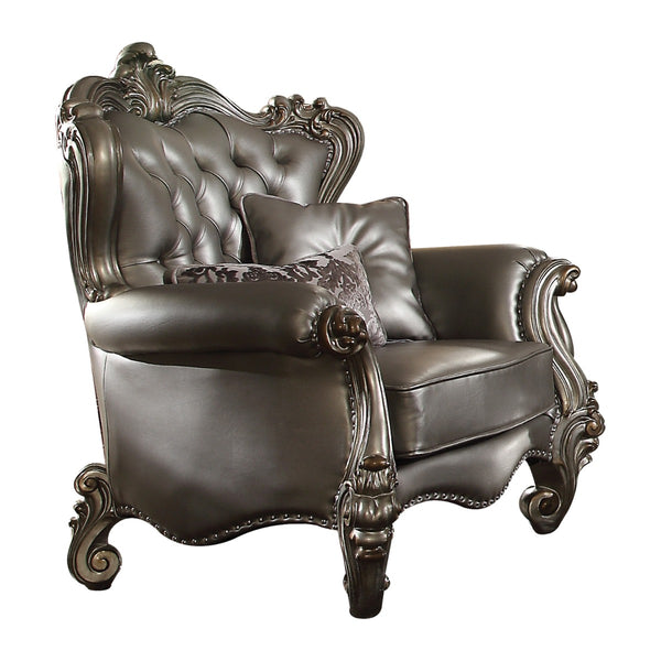 ACME Versailles Silver Synthetic Leather & Antique Platinum Chair with 2 Pillows Model 56822