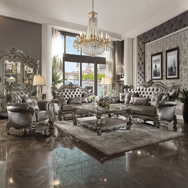 ACME Versailles Silver Synthetic Leather & Antique Platinum Chair with 2 Pillows Model 56822