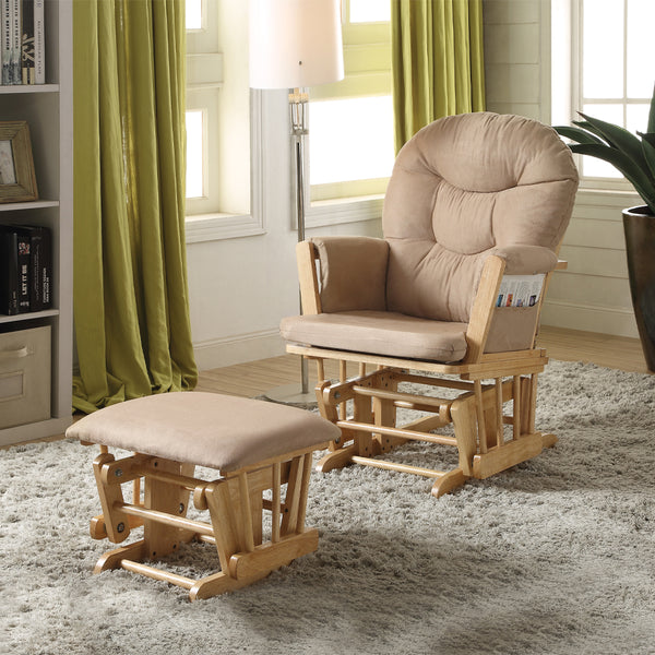 ACME Rehan Taupe Microfiber & Natural Oak Glider Chair & Ottoman Model 59332