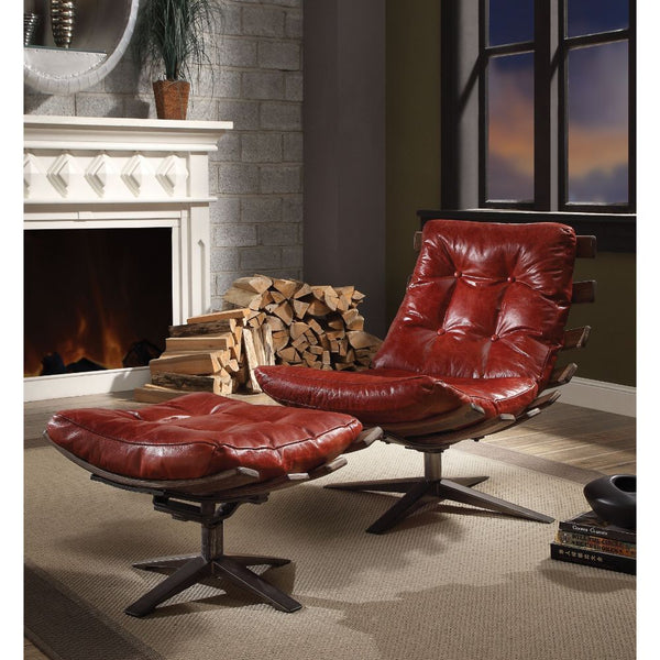 ACME Gandy Antique Red Top Grain Leather Chair & Ottoman Model 59531