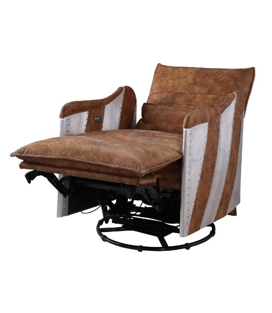 ACME Qalurne Two Tone Mocha Top Grain Leather & Aluminum Power Motion Recliner with Swivel Model 59942