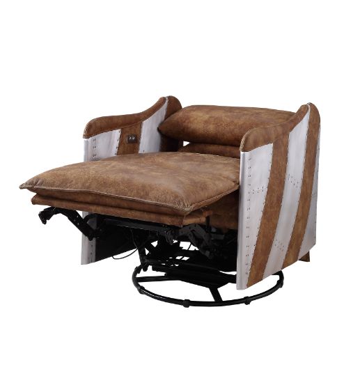 ACME Qalurne Two Tone Mocha Top Grain Leather & Aluminum Power Motion Recliner with Swivel Model 59942