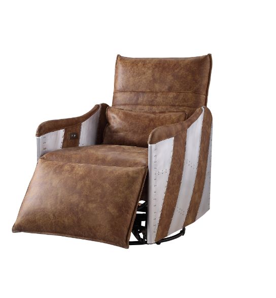 ACME Qalurne Two Tone Mocha Top Grain Leather & Aluminum Power Motion Recliner with Swivel Model 59942