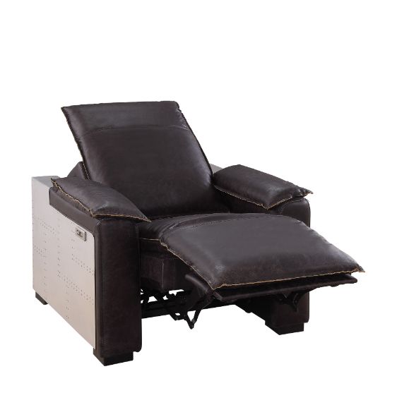 ACME Nernoss Dark Grain Brown Leather & Aluminum Power Motion Recliner Model 59943