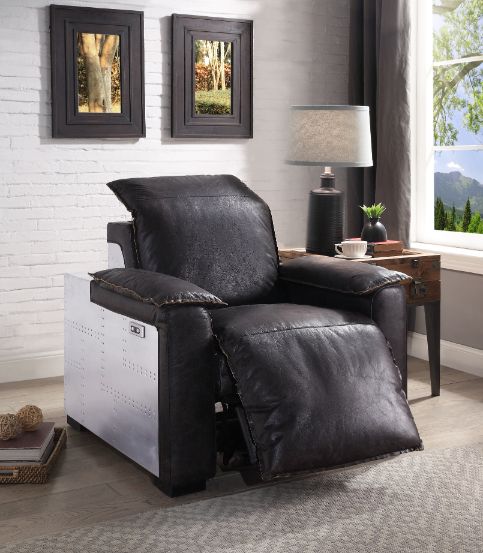 ACME Nernoss Dark Grain Brown Leather & Aluminum Power Motion Recliner Model 59943