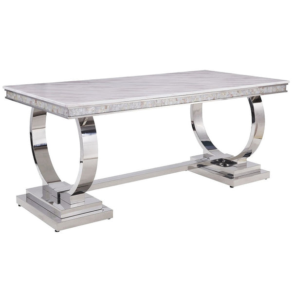 ACME Zander White Engineered Stone & Mirrored Silver Dining Table Model 68250