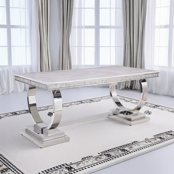 ACME Zander White Engineered Stone & Mirrored Silver Dining Table Model 68250