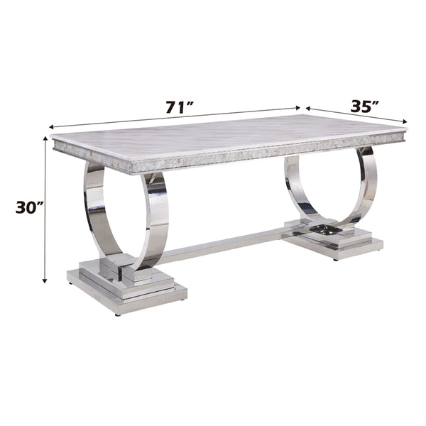 ACME Zander White Engineered Stone & Mirrored Silver Dining Table Model 68250
