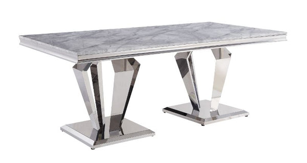 ACME Satinka Light Gray Engineered Stone & Mirrored Silver Dining Table Model 68265