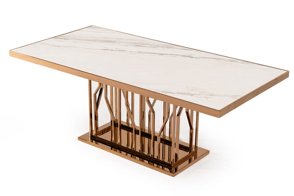 Marston Modern White Marble & Rosegold Dining Table
