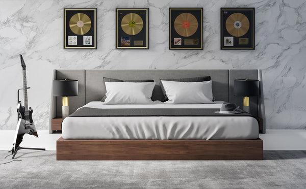 Nova Domus Janice Modern Grey Fabric And Walnut Bed And Nightstands Model VGMA-BR-88-BED