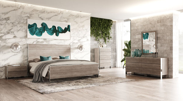 Eastern King Modrest Charlene Modern Grey Elm & Stainless Steel 4 Piece Bedroom Set Model VGVC-CHARLENE-4PC-SET-EK