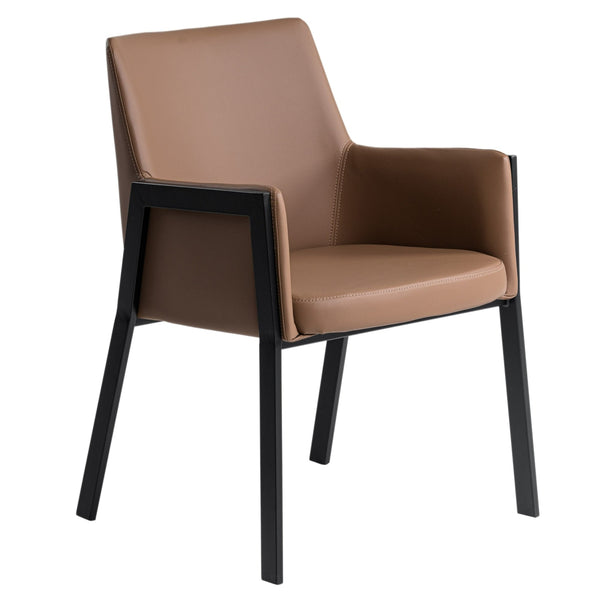 Leshay Modern Dark Camel Vegan Leather + Black Metal Dining Chair