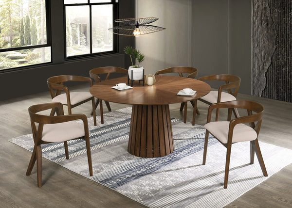 Weiss Mid-Century Modern Walnut Round Dining Table + 6 Chair Set