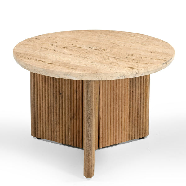 Modrest Pawnee Modern Travertine Marble & Wood Round End Table Model VGBR-SBA-2706-60
