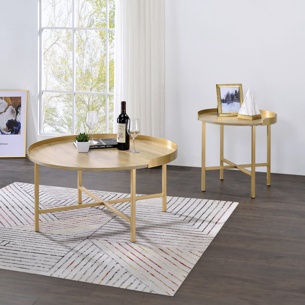 ACME Mithea Oak Table Top & Gold Coffee Table Model 82335