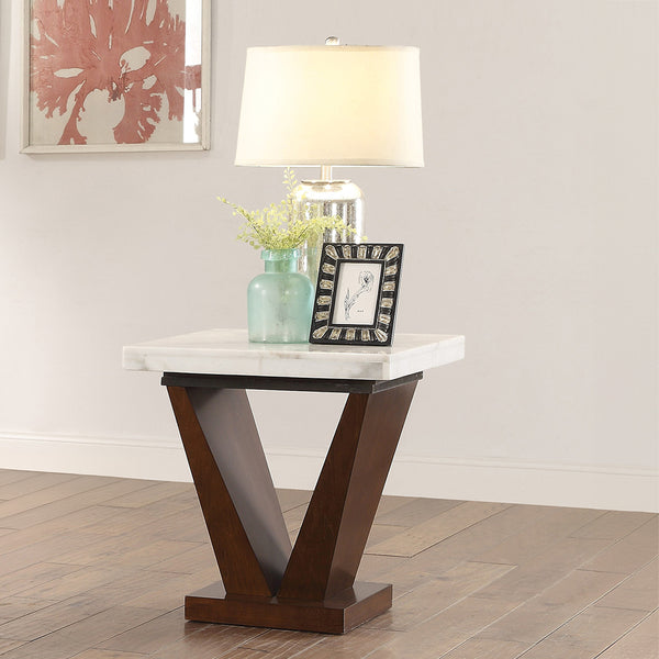 ACME Forbes White Natural Marble Top & Walnut End Table Model 83337