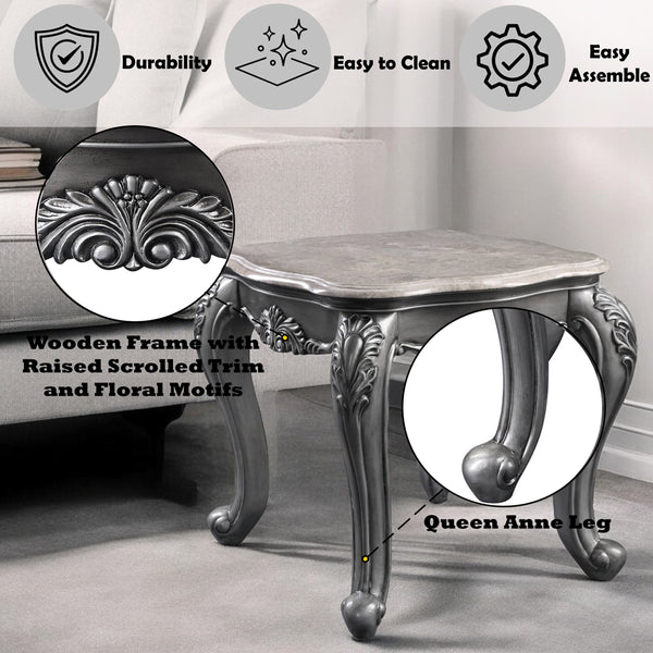 ACME Ariadne Natural Marble Top & Platinum End Table Model 85347