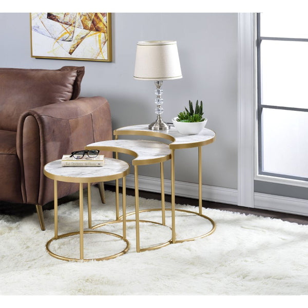 ACME Anpay Engineered Stone & Gold Nesting Table Set Model 85390