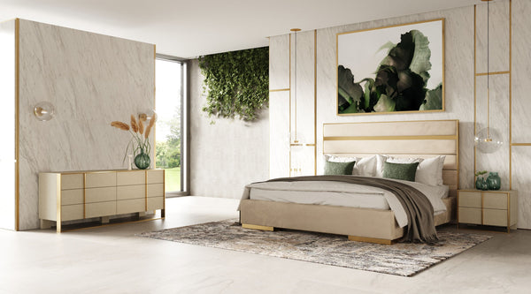 Modrest Cartier Modern Beige Velvet & Brushed Brass 4 Piece Bedroom Set Model VGVCBD-A-002-BGE-BED-4PC-SET