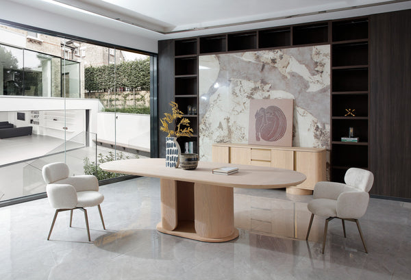 Walbrook Modern Faux Travertine Ceramic + White Oak Oval Dining Table