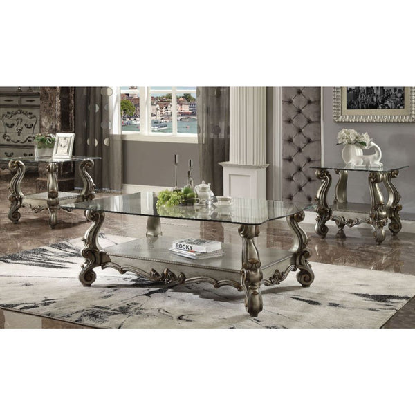 ACME Versailles Antique Platinum & Clear Glass End Table Model 86842